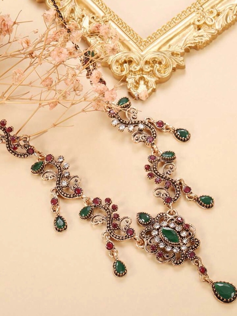Vintage Boho Turquoise & Coral Statement Necklace – Gold Tone Crystal Dangle